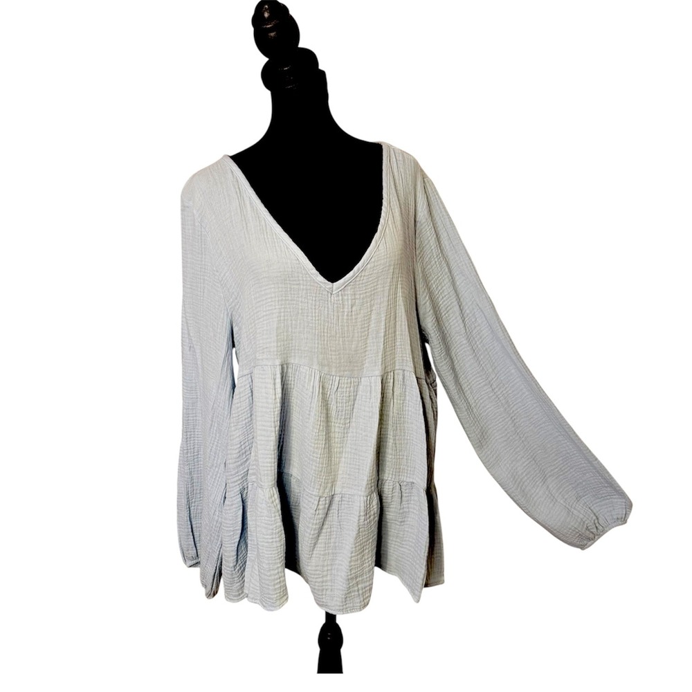 BiBi Cotton Crinkle Gauze Tiered Babydoll Long Sleeve Top Womens L Pastel Blue